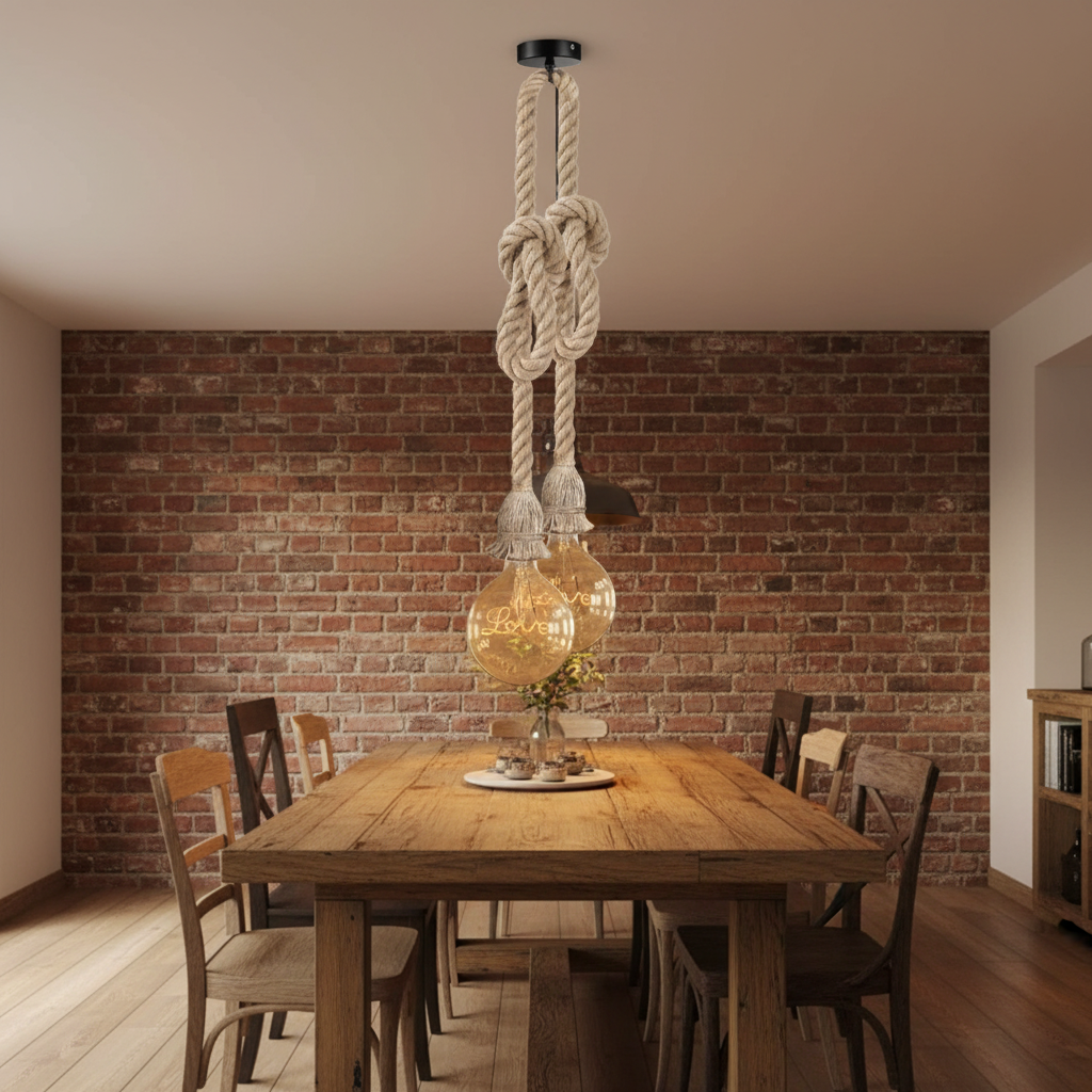 Modern Hemp Rope Hanging Pendant Light with twin Edison Love bulbs hanging in a warm rustic farmhouse dining room