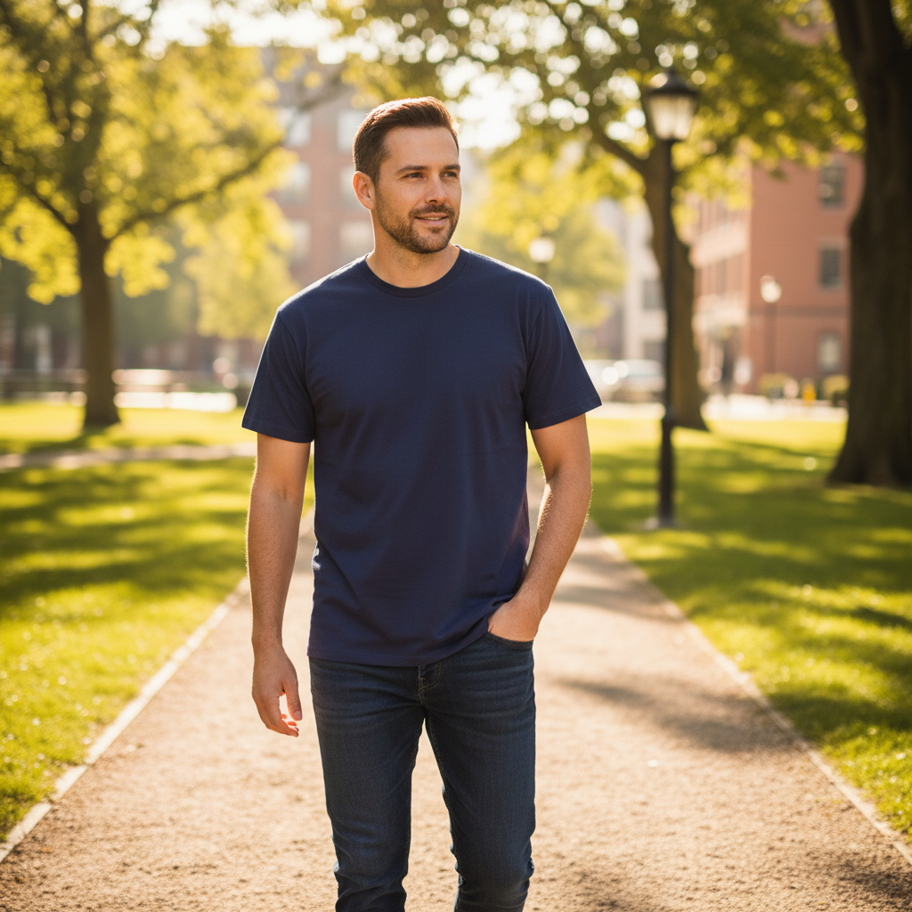Man wearing a plain navy blue UNEEK cotton crew neck t-shirt with jeans walking in the city - Emmy Jane Boutique