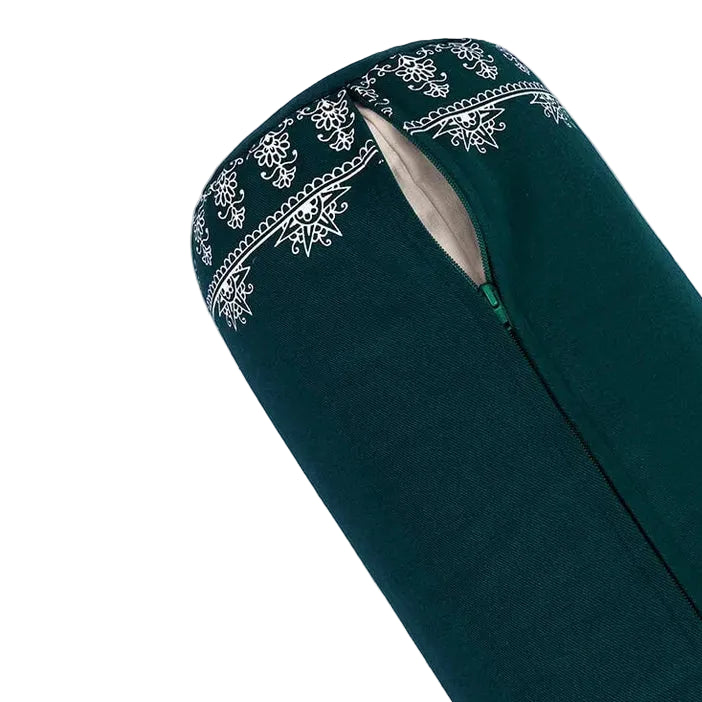 Black yoga bolster with white patterns on a white background