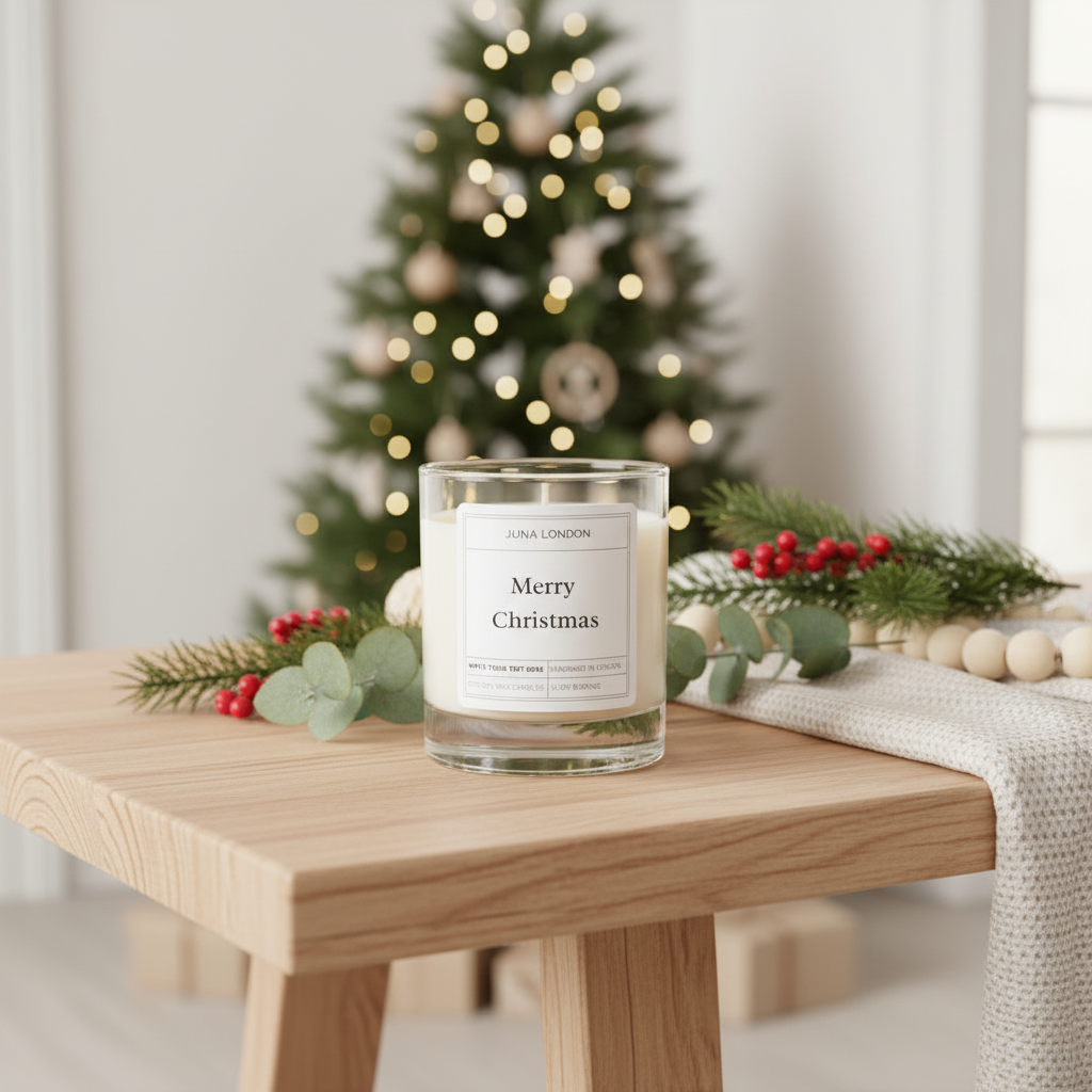 Candle with 'Merry Christmas' label on a wooden table with a decorated Christmas tree in the background.
