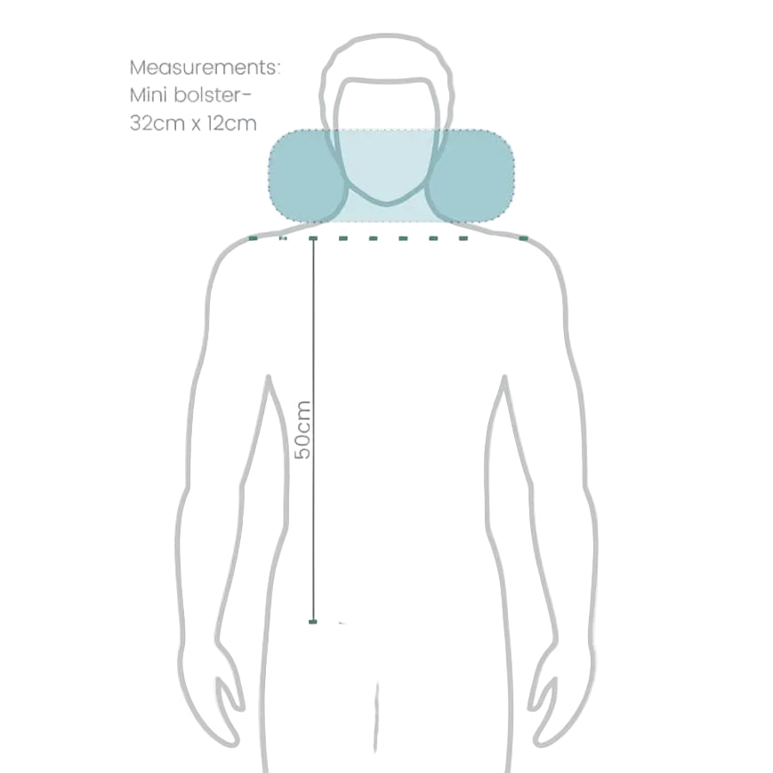 Measurement chart showing a mini bolster pillow on a person's neck with dimensions.