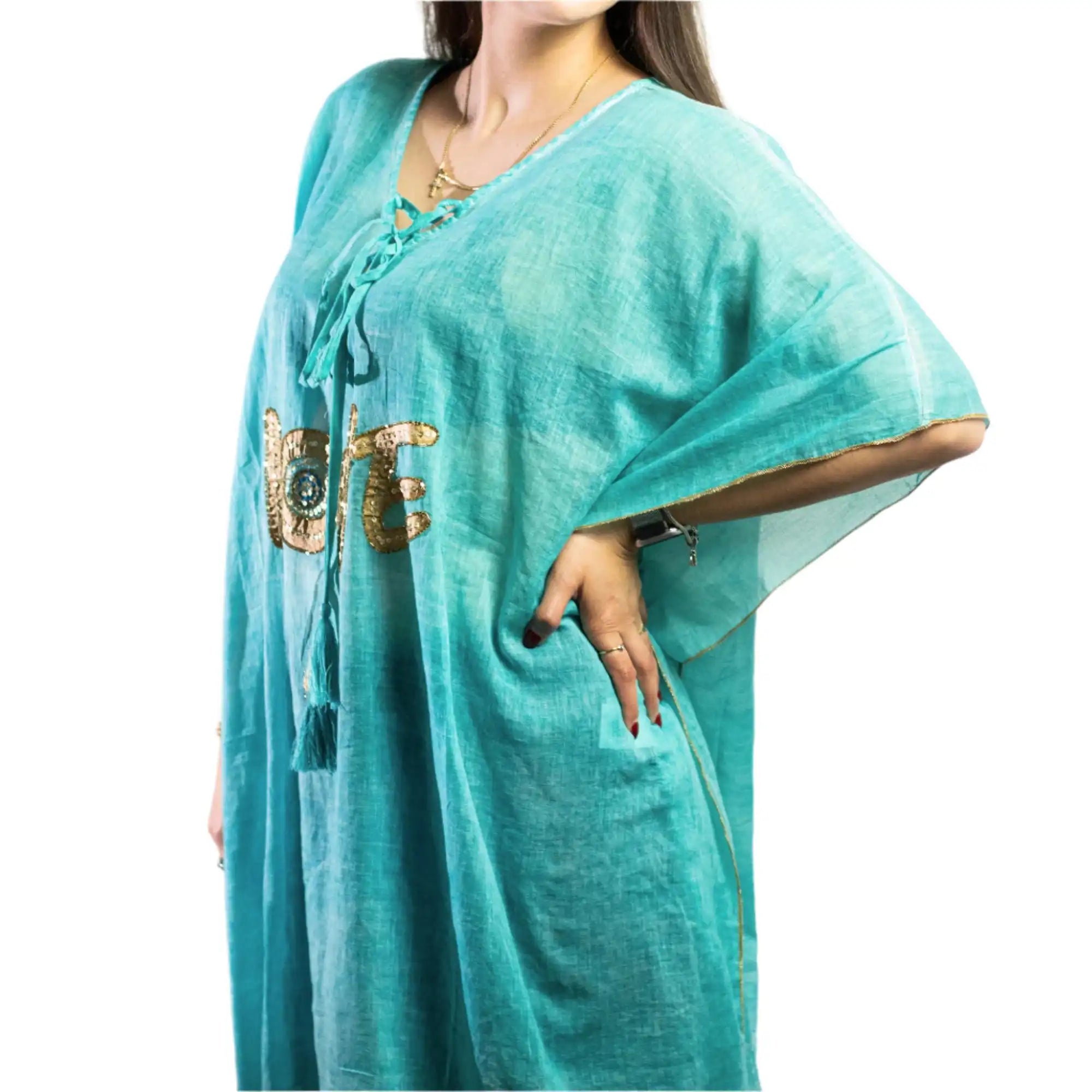 Ancient Wisdom Cotton Kaftan Dress - Handpainted Summer Tops Clothing & Accessories > Clothing > Shirts & Tops > Cotton Kaftans > On the Med Beach Clothing Collection > Handpainted Summer Tops emmy-jane-boutique.myshopify.com