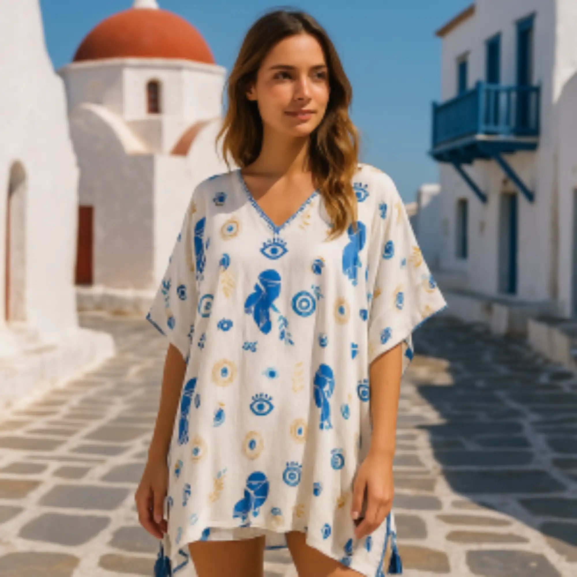 Ancient Wisdom Cotton Kaftan Dress - Handpainted Summer Tops Clothing & Accessories > Clothing > Shirts & Tops > Cotton Kaftans > On the Med Beach Clothing Collection > Handpainted Summer Tops emmy-jane-boutique.myshopify.com