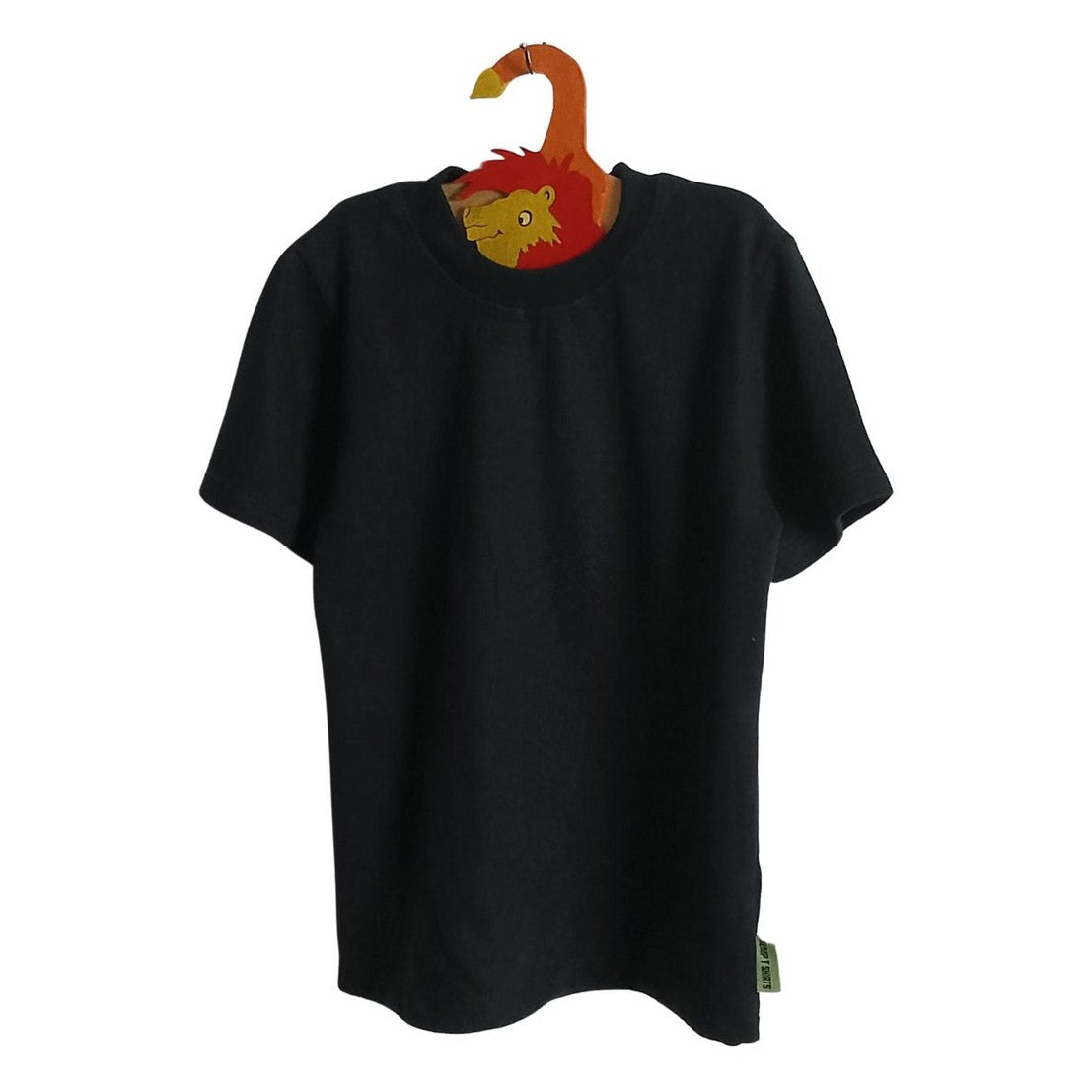 Black t-shirt on a hanger with a lion design against a white background