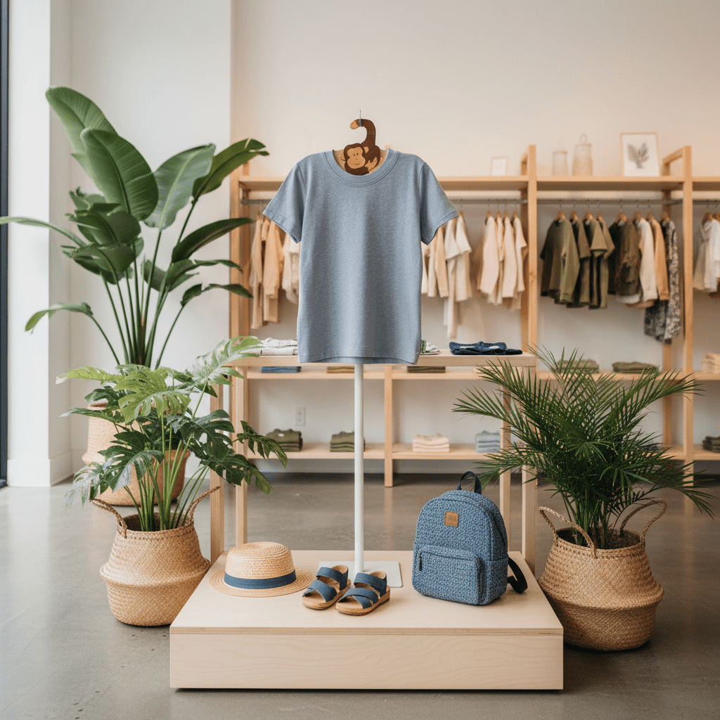 Display of clothing and accessories in a store setting with plants and shelves.