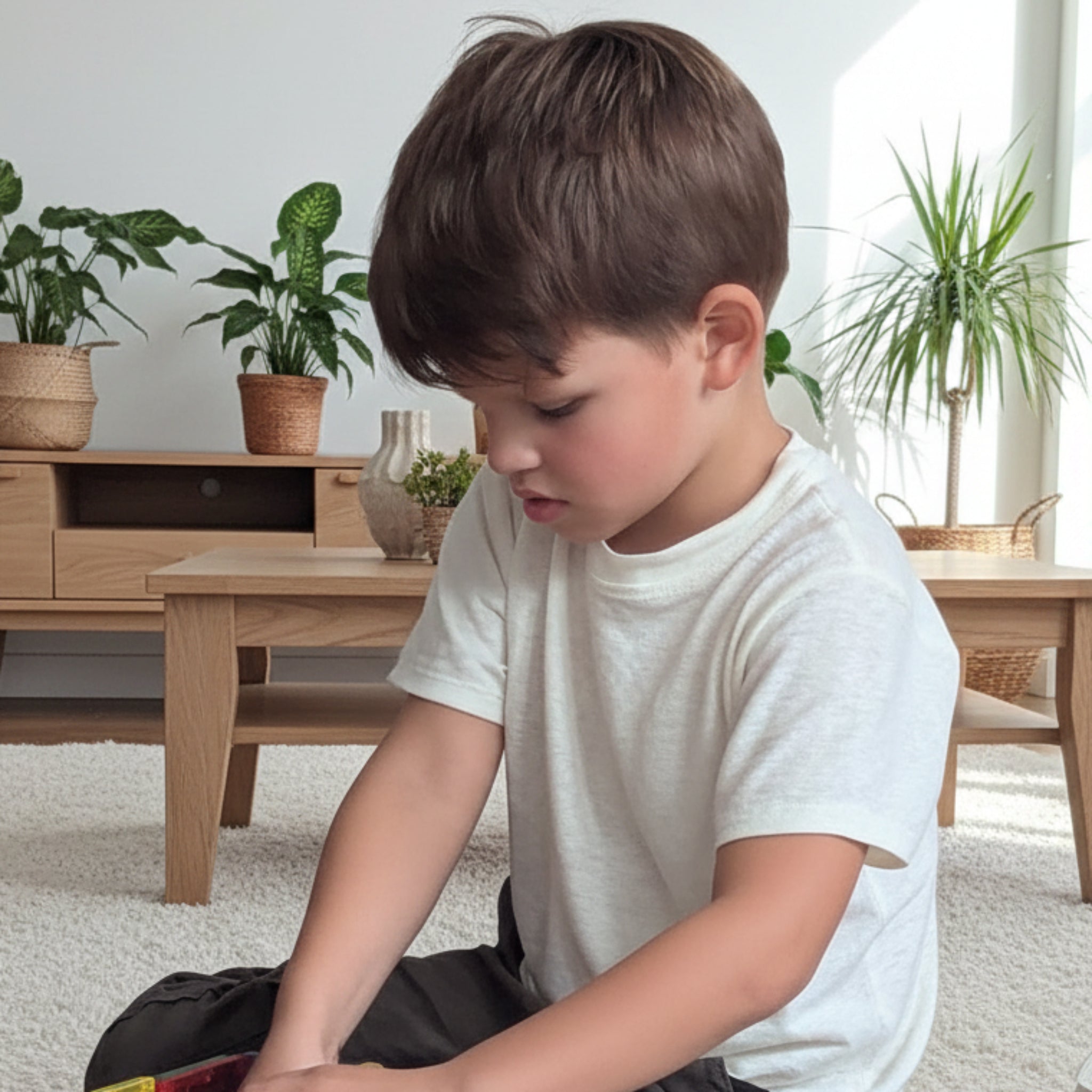 Child in a hemp t-shirt playing with colourful blocks on a carpeted floor.
