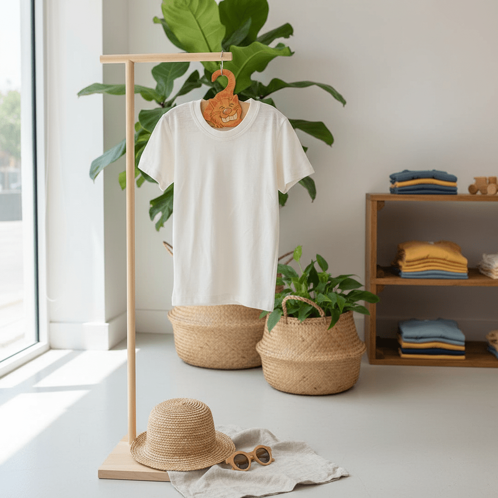 White kids' t-shirt on a wooden stand with a plant and baskets in a bright room.