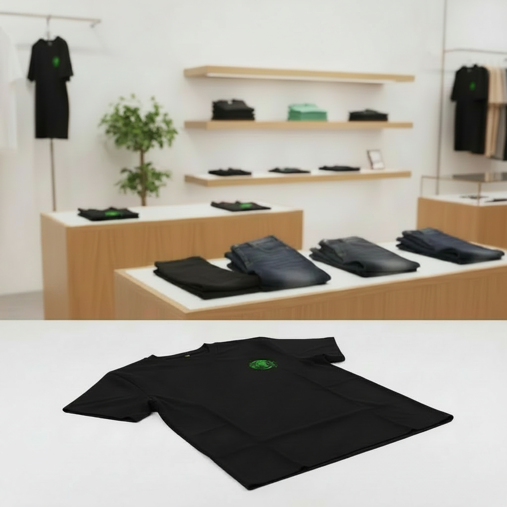 A black short-sleeve T-shirt with a small green circular logo on the left chest, shown in the foreground on a white surface. The background is a softly blurred boutique interior with wooden shelves, folded clothing, and a mannequin wearing a black top.