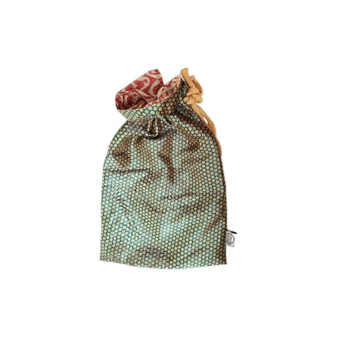 Textured drawstring bag with geometric pattern on a white background