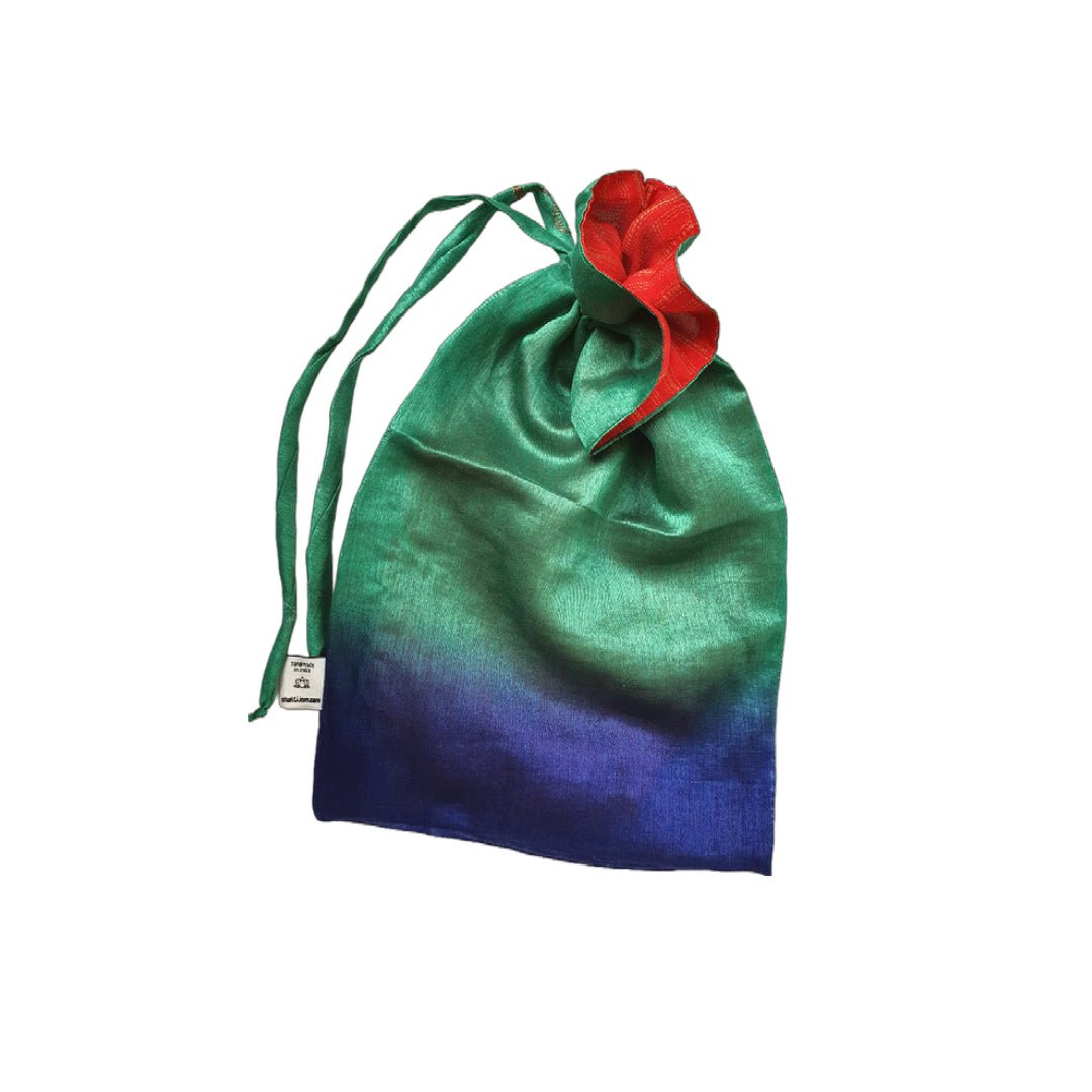 Green and blue gradient drawstring bag with a red rose on a white background