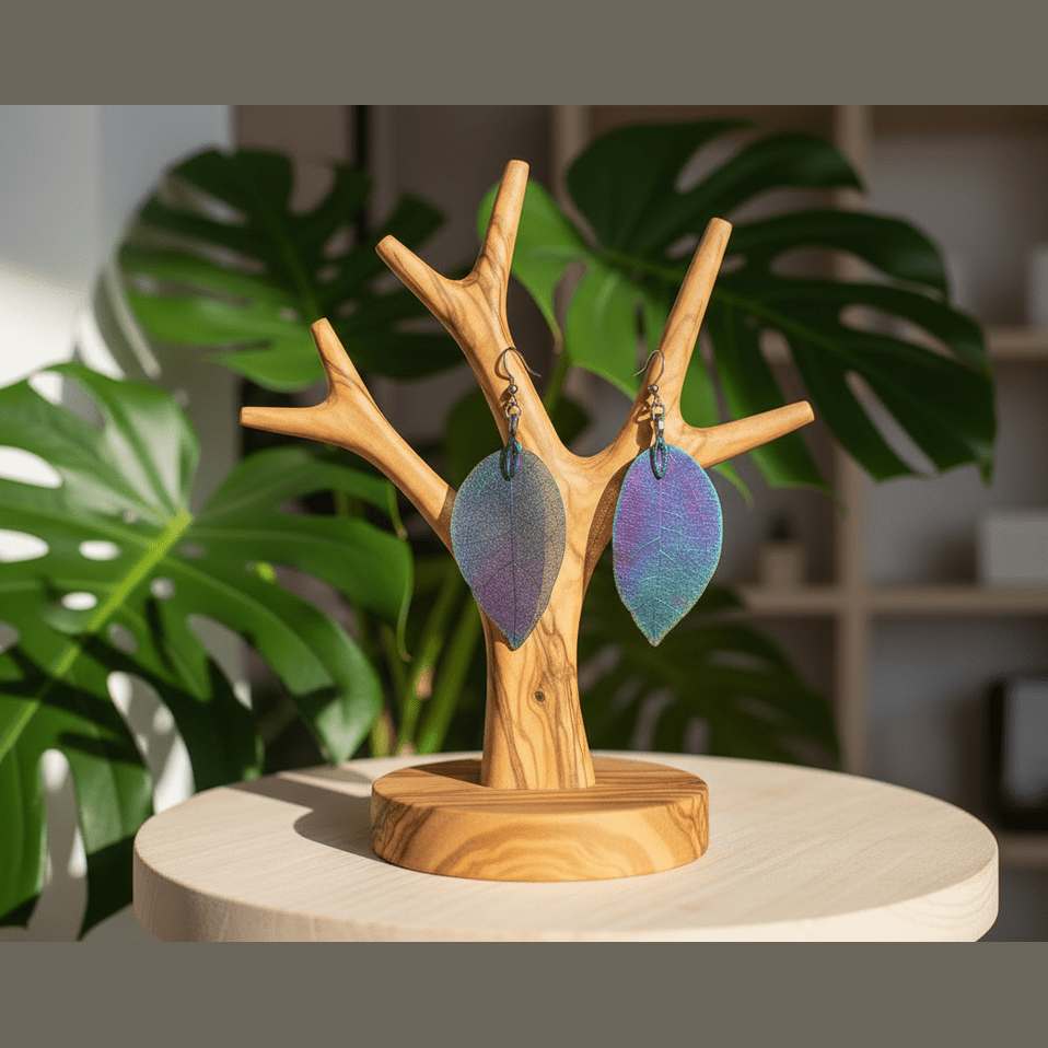 Wooden jewelry tree with leaf-shaped earrings on a wooden stand with plants in the background