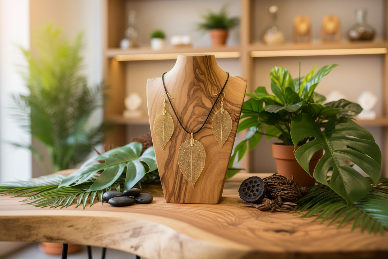 Wooden jewellery display with leaf-shaped pendants on a wooden stand, surrounded by greenery.