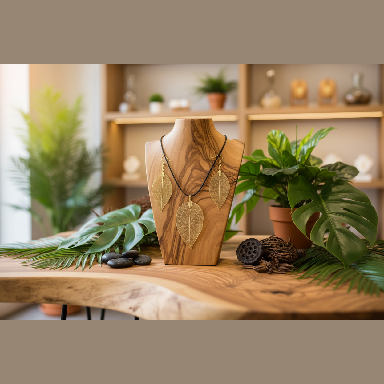 Wooden jewellery display with leaf-shaped pendants on a wooden stand, surrounded by greenery.