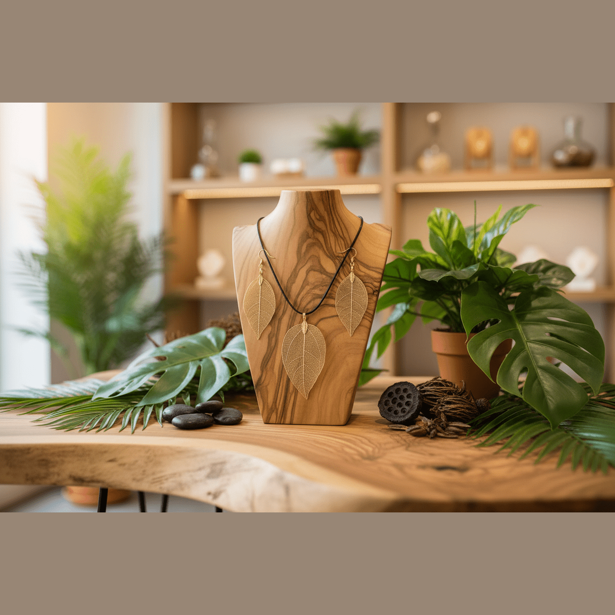 Wooden jewellery display with leaf-shaped pendants on a wooden stand, surrounded by greenery.