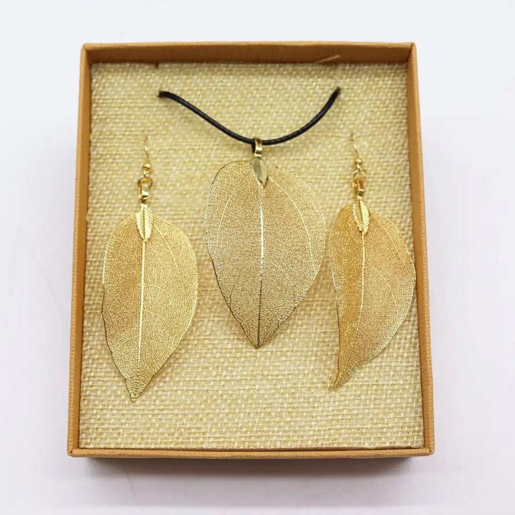 Ancient Wisdom Real Leaf Jewellery Set - Necklace & Earrings - Gold Clothing & Accessories > Jewellery & Watches > Jewellery Sets > Real Leaf Jewellery Sets emmy-jane-boutique.myshopify.com