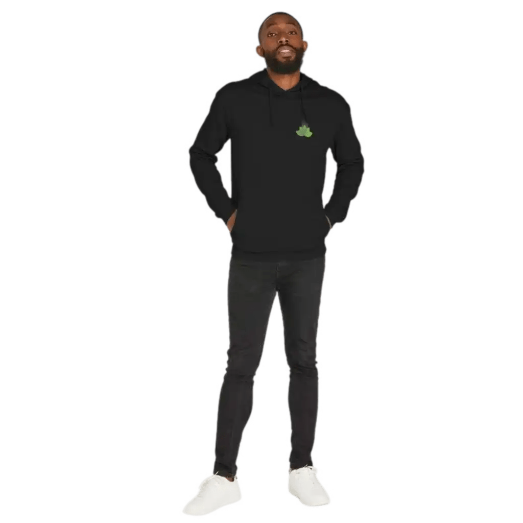 Man wearing a black hoodie with a logo and black pants on a transparent background