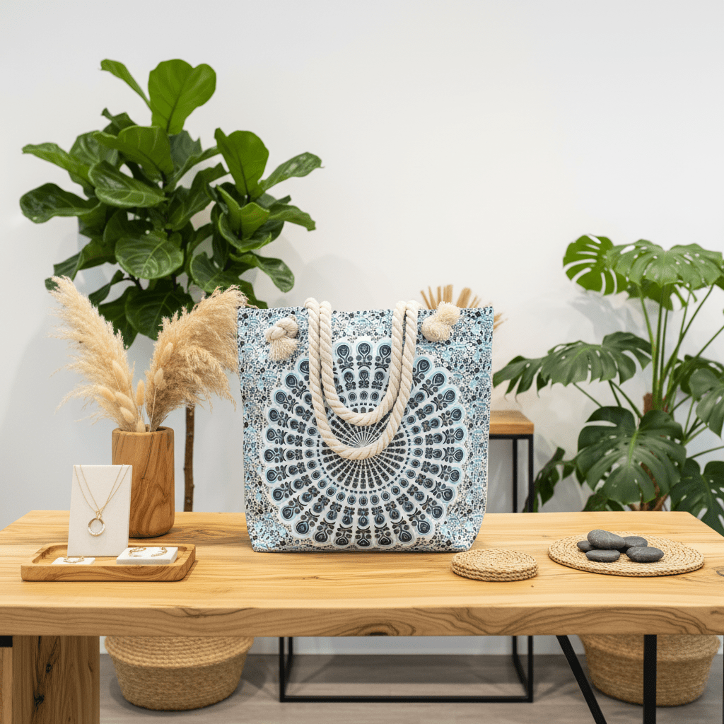 Large Beach Bag - Rope Handled Mandela - Blue Shades