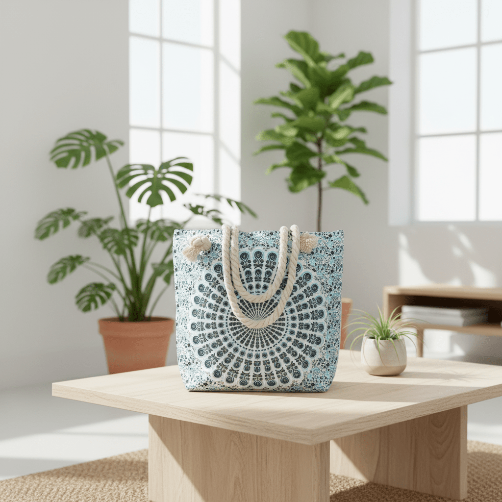 Decorative bag with mandala pattern on a wooden table in a bright room with plants