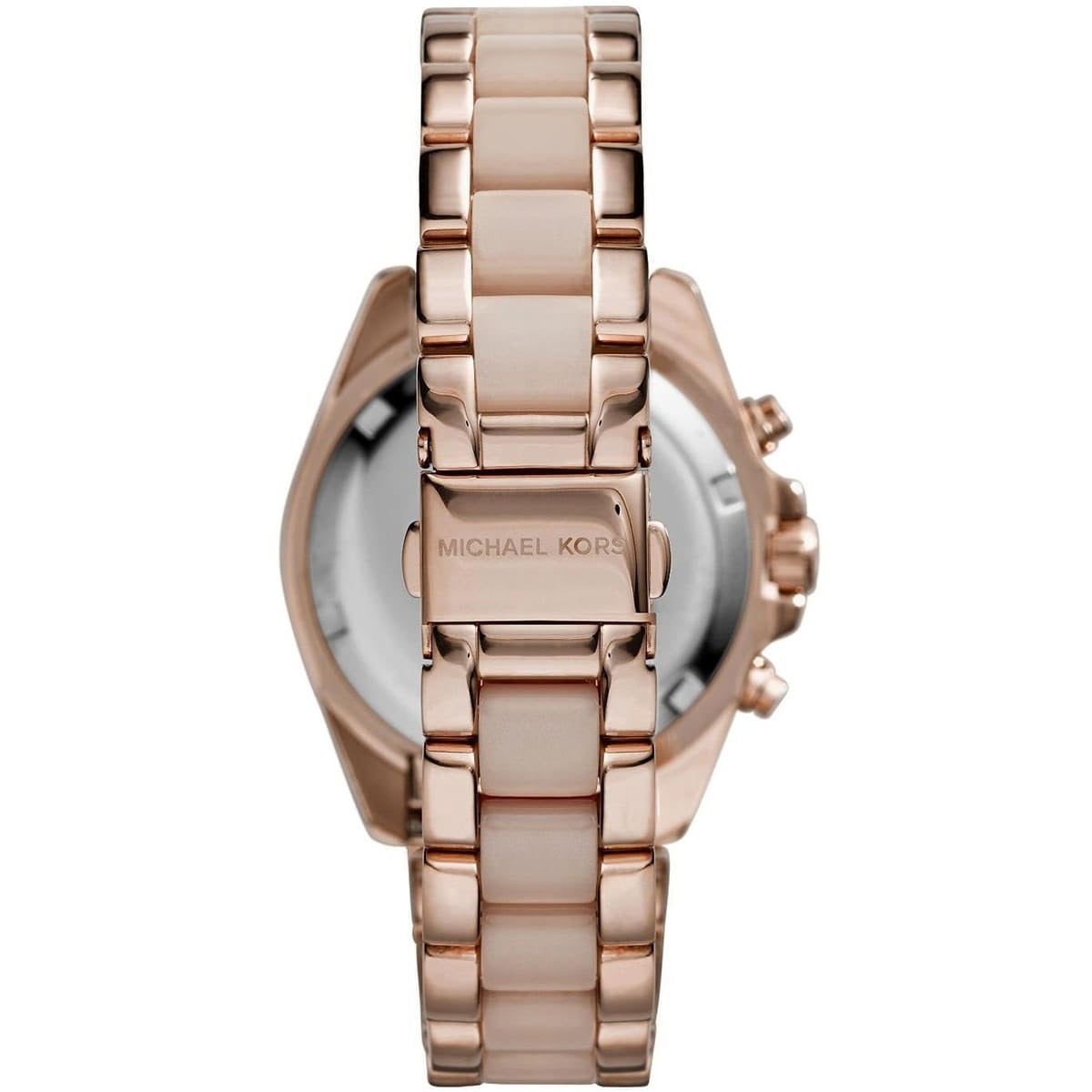 Rose gold watch with 'Michael Kors' branding on a white background