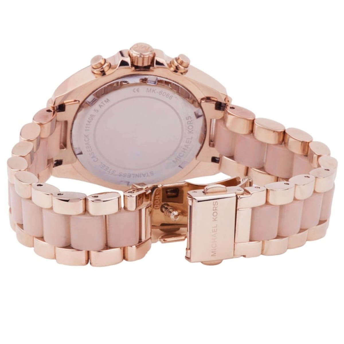Rose gold watch with a detailed back view on a white background