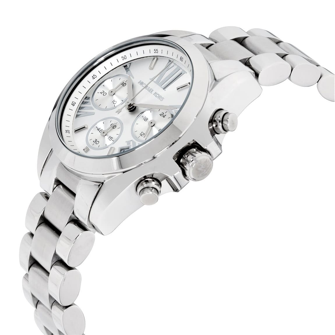 Silver watch with a detailed face on a white background