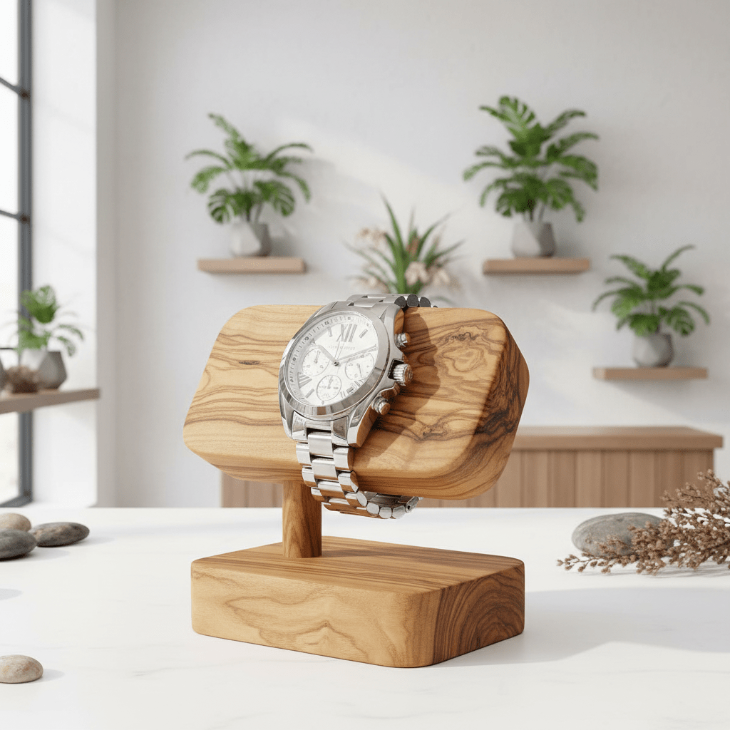 Wooden watch stand with a silver watch on a white surface with plants in the background