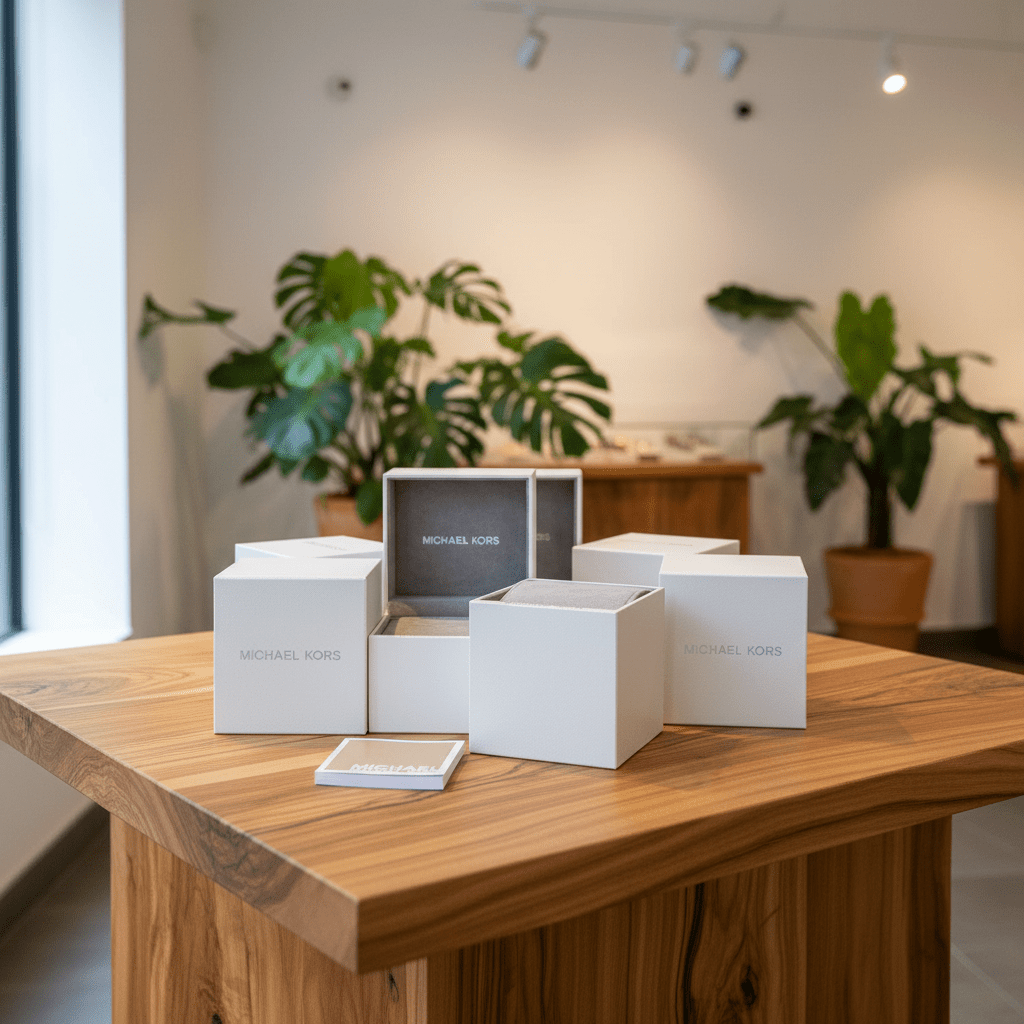 White boxes with 'Michael Kors' branding on a wooden table in a room with plants.