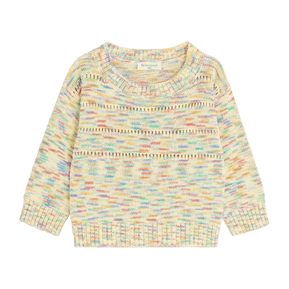 A long-sleeve knit organic cotton baby jumper with a multicoloured marled pattern on a cream base, featuring horizontal textured bands across the chest and ribbed cuffs and hem.