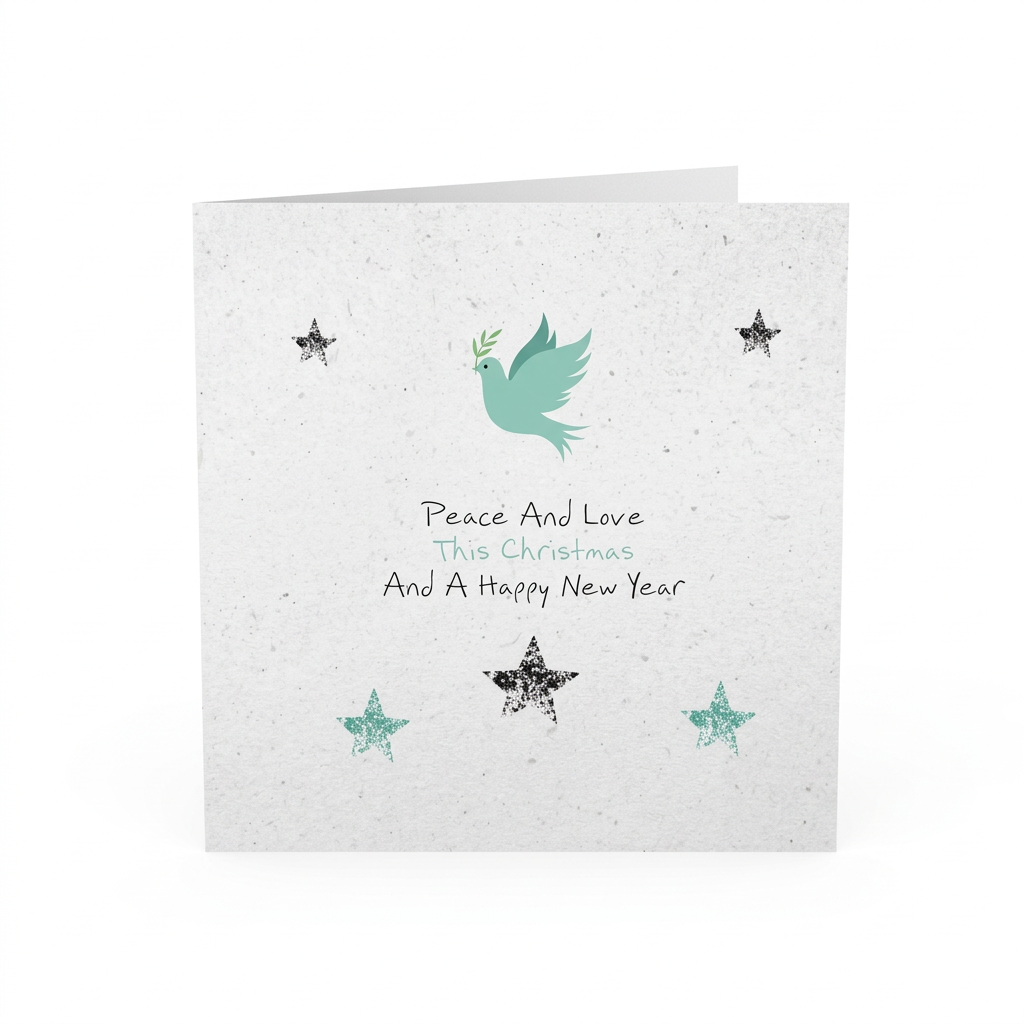 A square Christmas greeting card with a textured off-white background, featuring a teal dove holding an olive branch, black and teal stars, and the text 'Peace And Love This Christmas And A Happy New Year'.