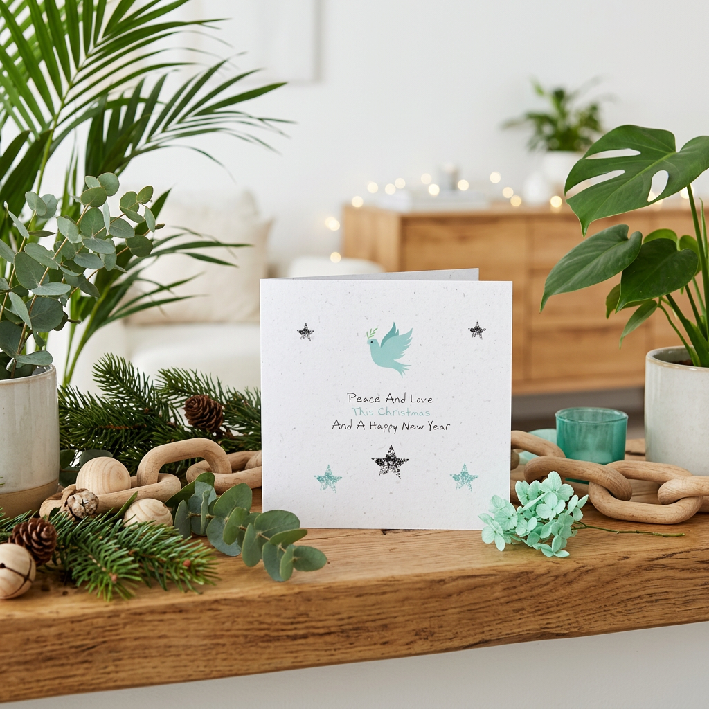 A square white greeting card with a light blue dove and small black stars, placed on a wooden shelf with green plants, pine branches, wooden beads, and a teal candle in a softly lit indoor setting.