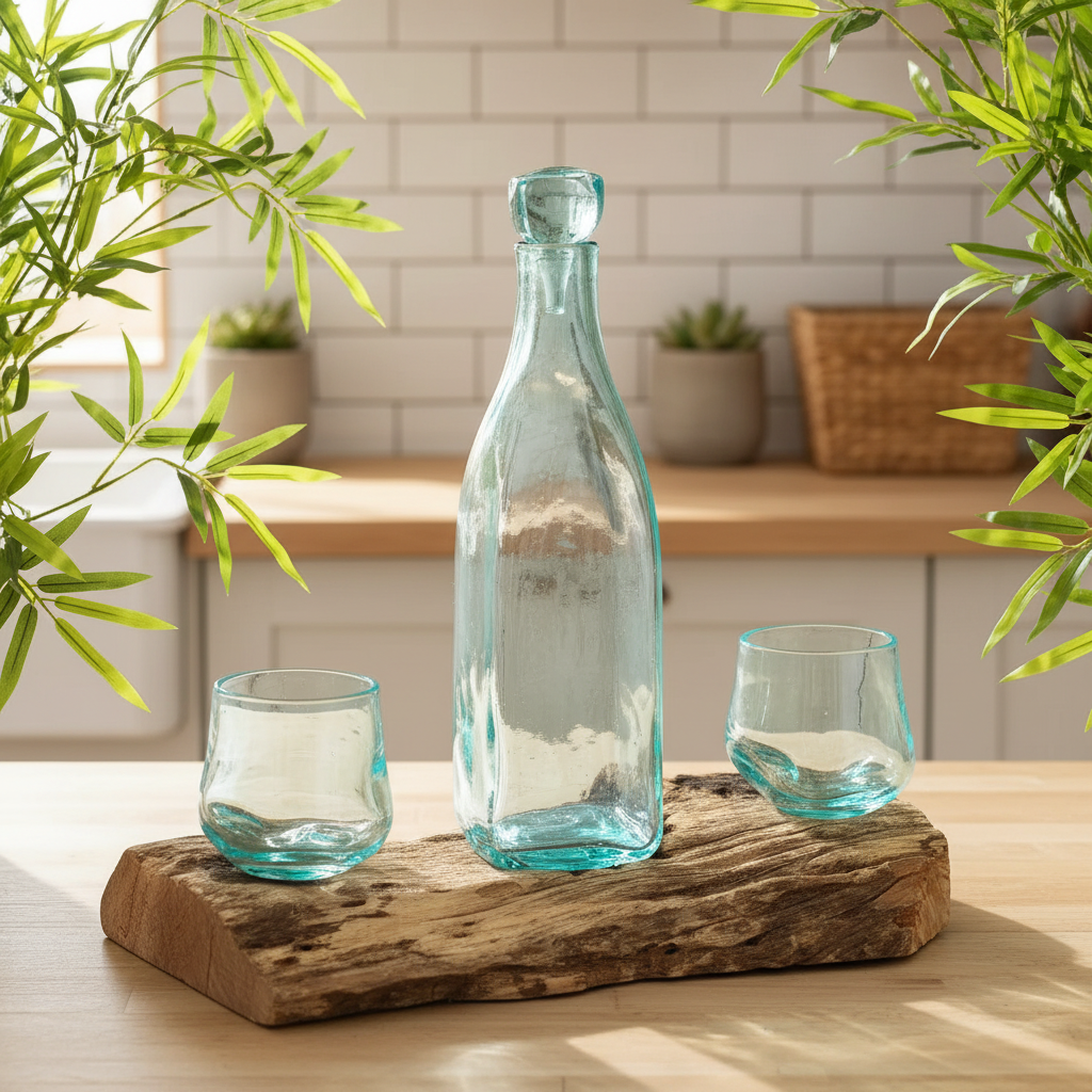 A clear light blue glass decanter and two matching low glasses displayed on a rustic wooden block in a bright kitchen setting with green leaves framing the scene.