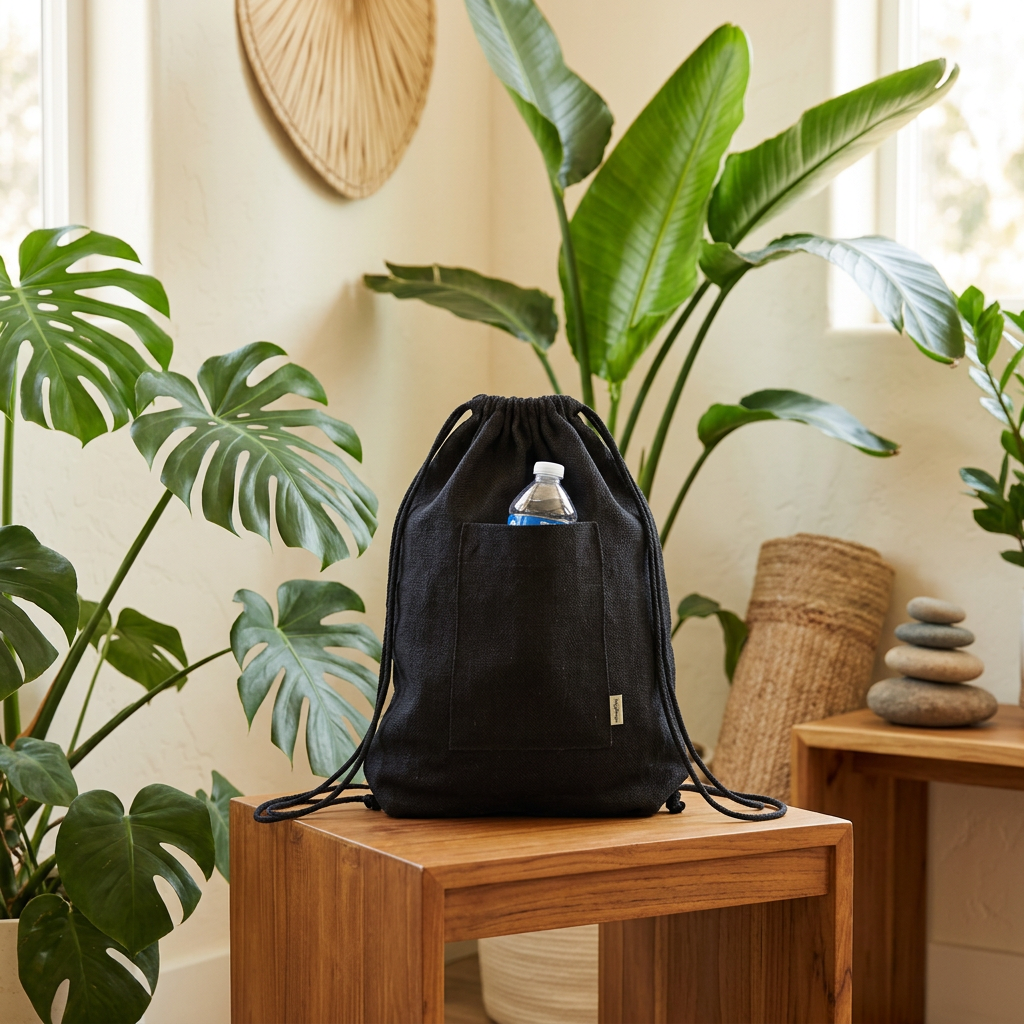 A black drawstring backpack with a front pocket sits on a wooden table in a styled indoor setting with green plants, a woven wall decor piece, and stacked stones.