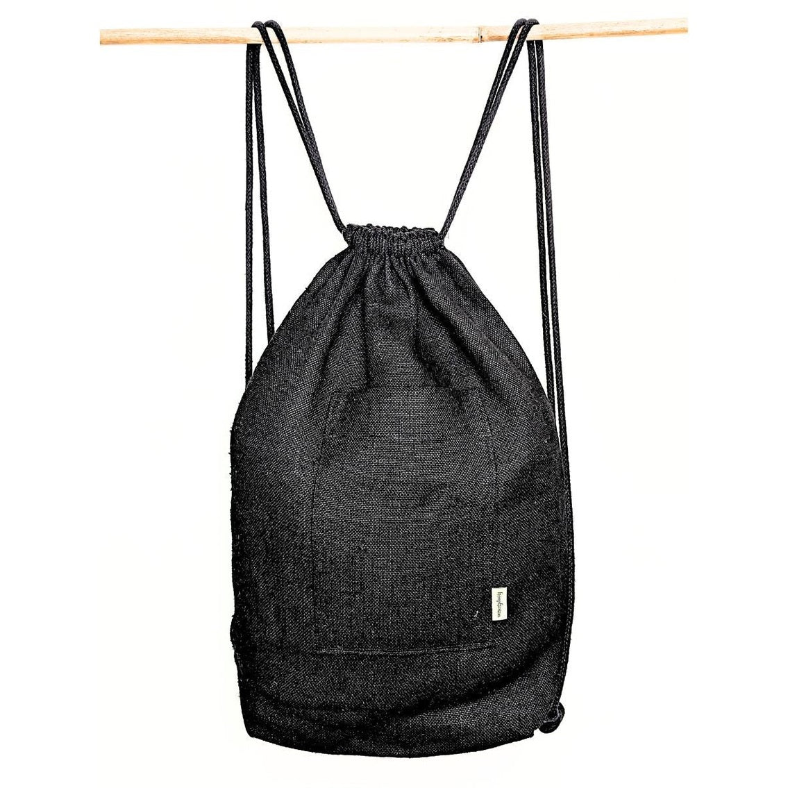 Black Hemp Horizon drawstring backpack with cord shoulder straps and an external pocket.