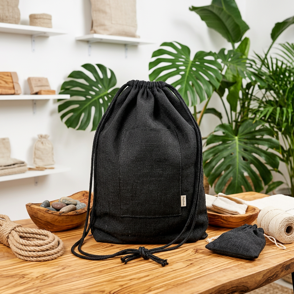 A black hemp drawstring bag stands on a wooden table in a styled interior setting with shelves, plants, rope, and small accessories.