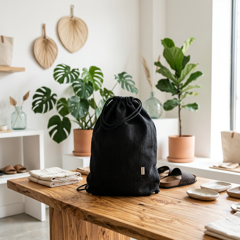 A black drawstring backpack made of textured hemp fabric sits on a rustic wooden table in a bright, modern interior setting with potted plants and home decor.