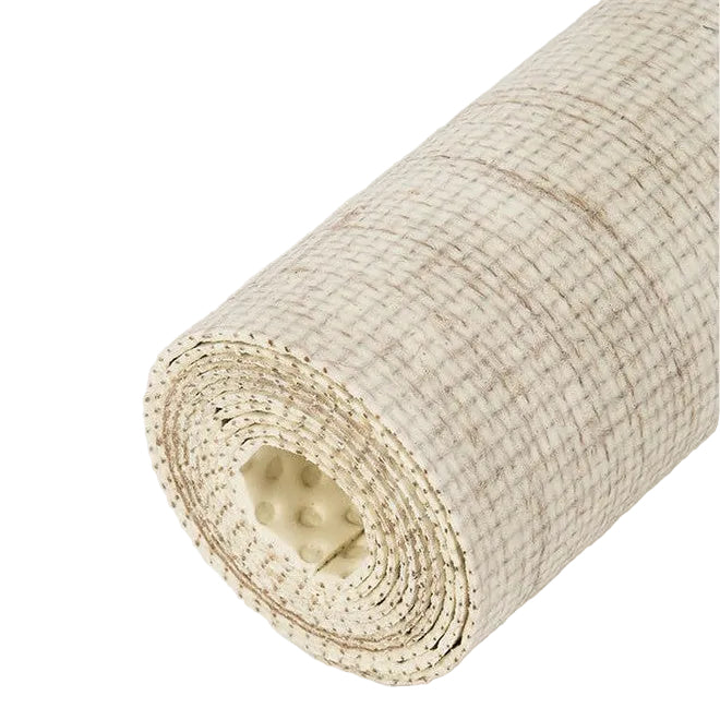 Rolled up beige textured yoga mat on a white background