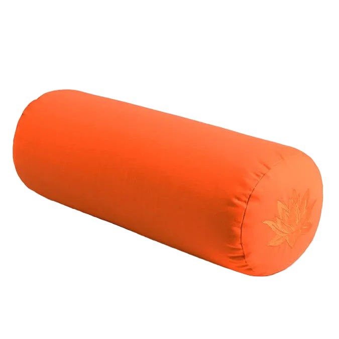 Orange cylindrical yoga bolster with a logo on a light gray background