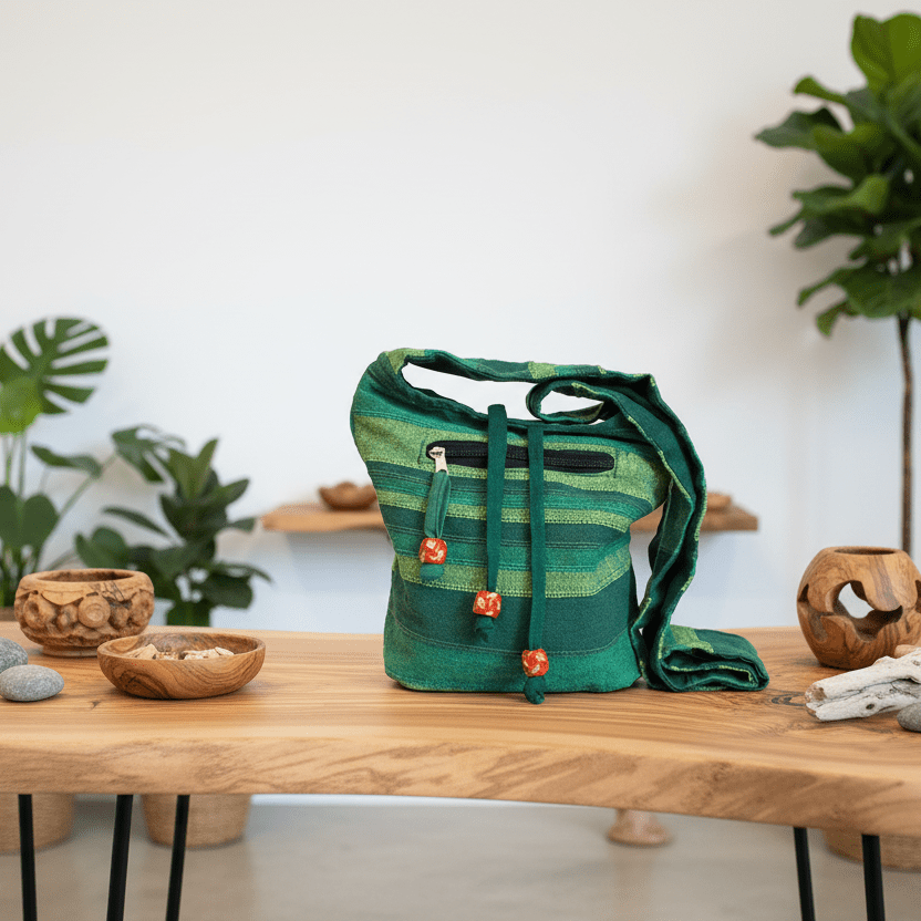 Green handbag on a wooden table with decorative items and plants in the background