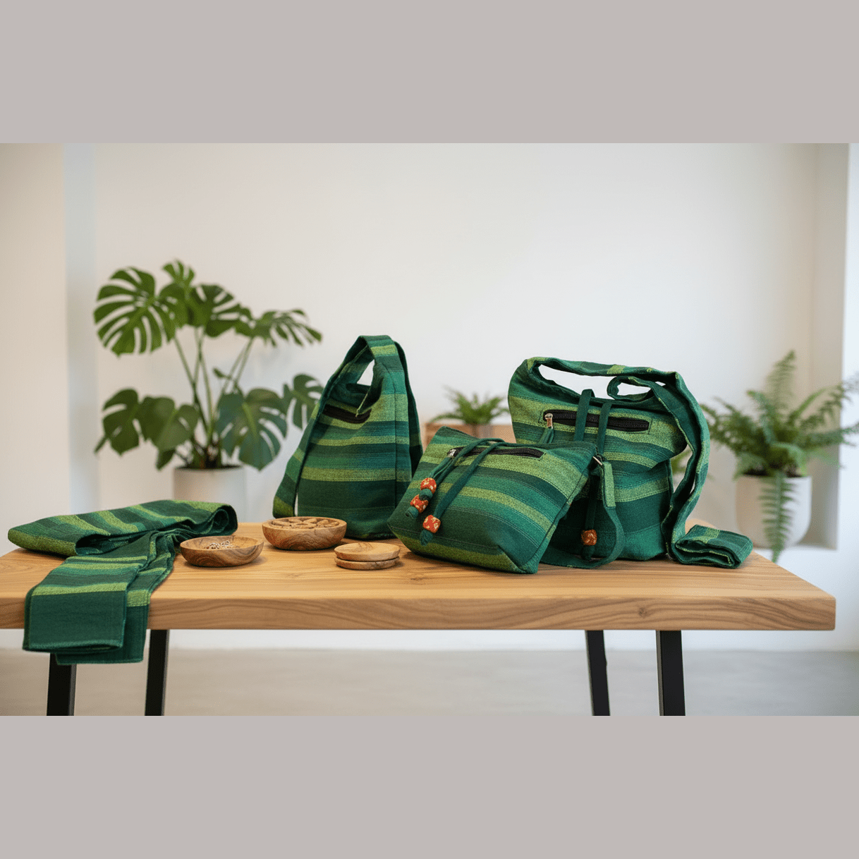 Green patterned bags and bowls on a wooden table with plants in the background
