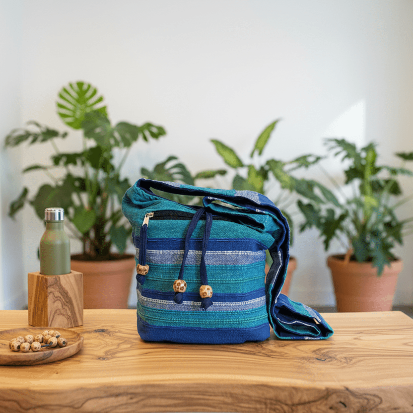 Blue and green striped bag on a wooden table with plants in the background