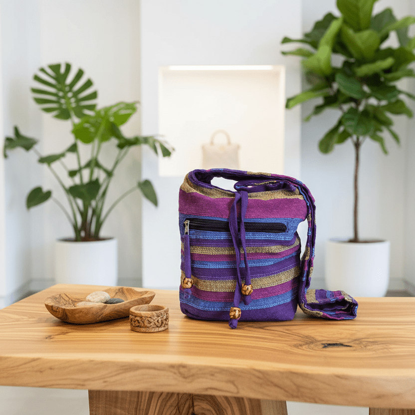 Colorful striped bag on a wooden table with plants and shelves in the background