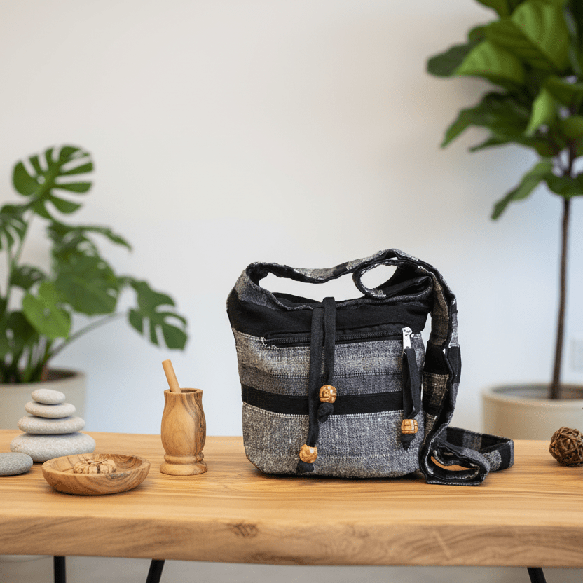 Black and gray bag on a wooden table with plants in the background