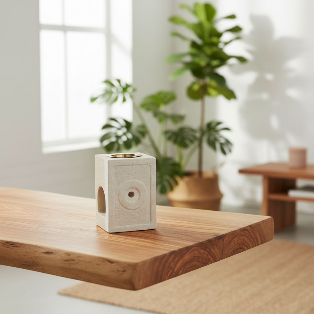 Natural sandstone oil burner on a wooden surface with plants in the background
