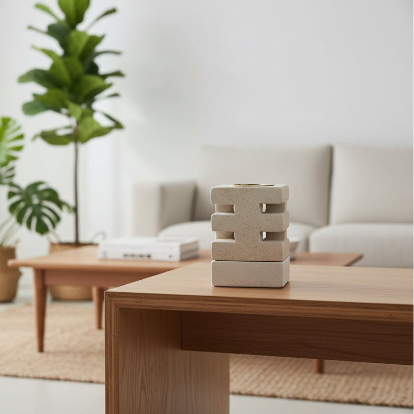 A decorative sandstone oil burner on a wooden table in a modern living room.