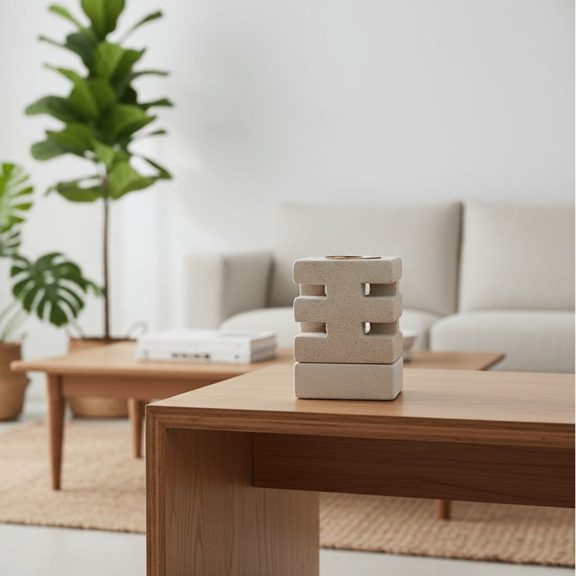 A decorative sandstone oil burner on a wooden table in a modern living room.