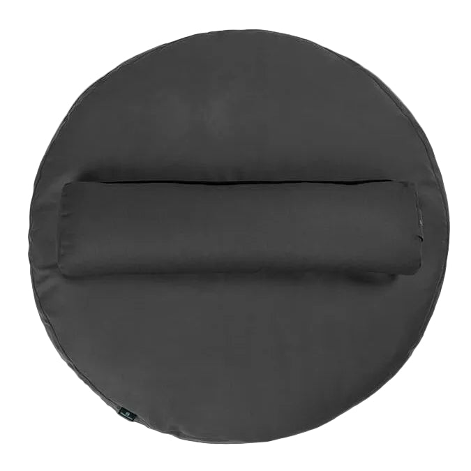 Black circular cushion with a bolster pillow on a white background