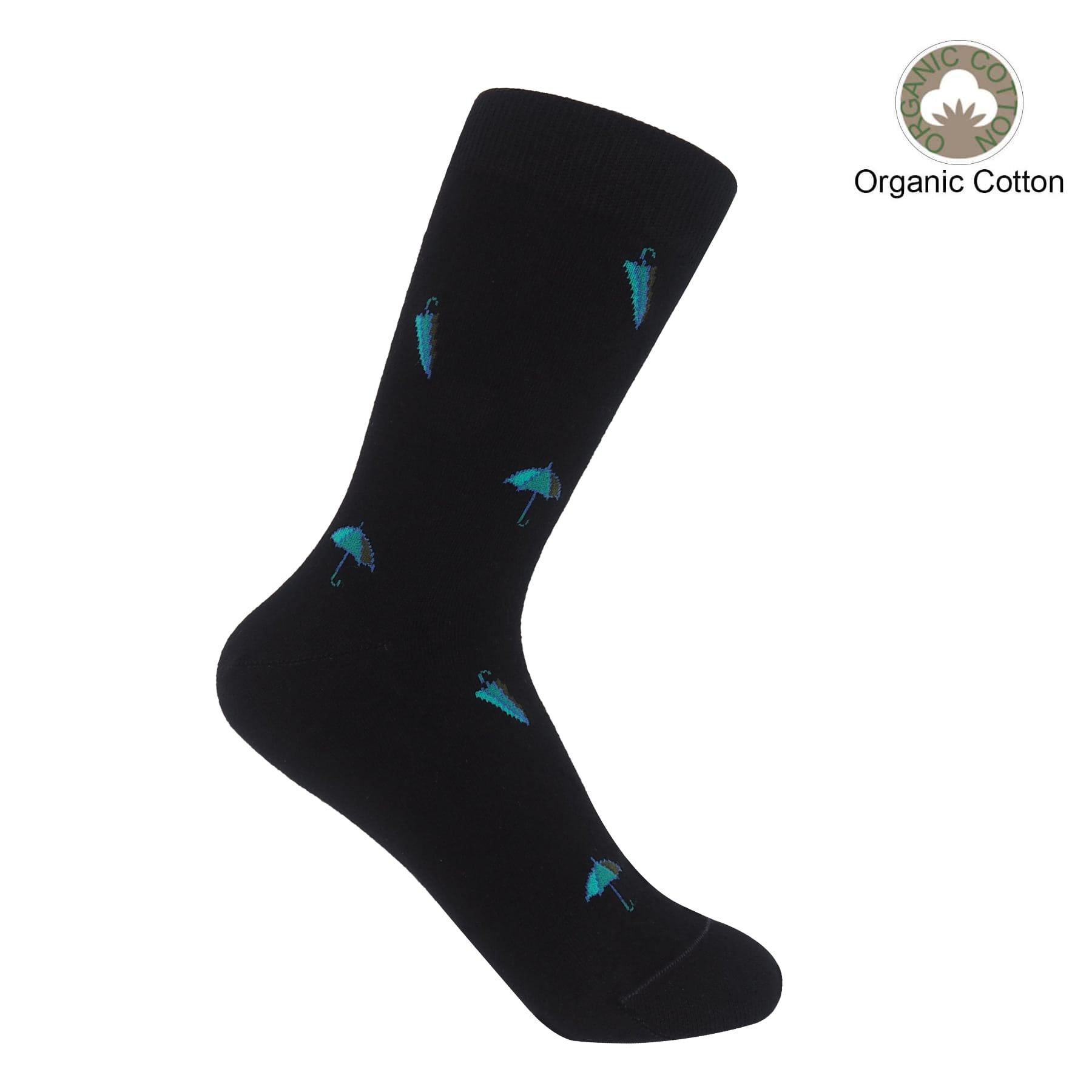 Black sock with blue umbrella pattern on a white background, featuring 'Organic Cotton' label.
