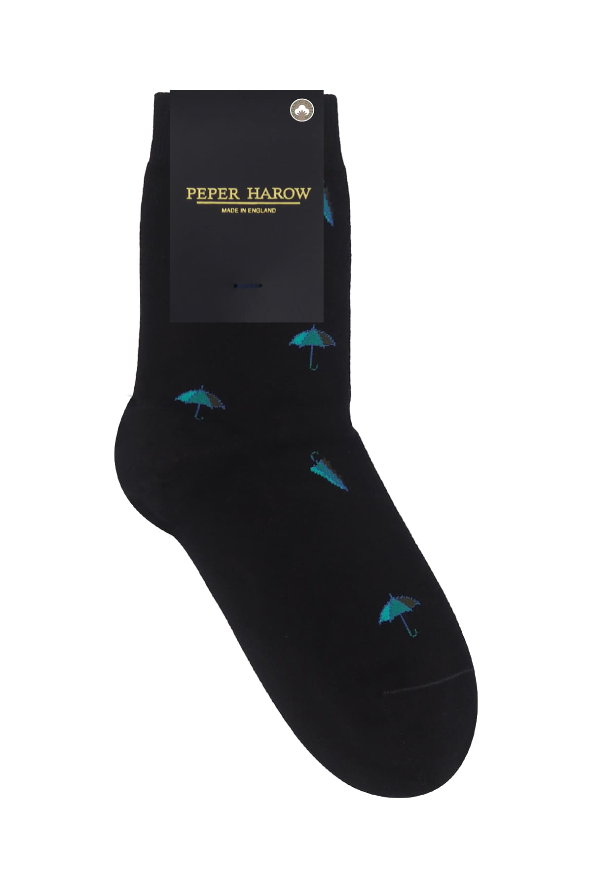 Black sock with blue designs and 'Peper Harow' branding on a white background