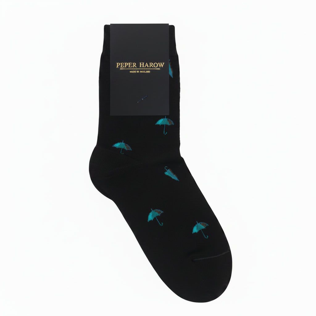 Black sock with blue designs and 'Peper Harow' branding on a white background
