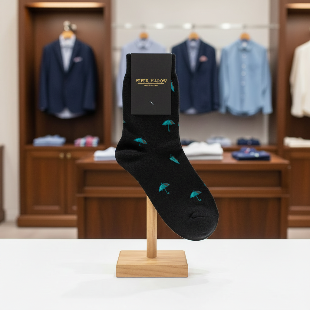 Black organic cotton women's socks with teal umbrella pattern by Peper Harow, displayed on a wooden sock stand in a luxury menswear boutique